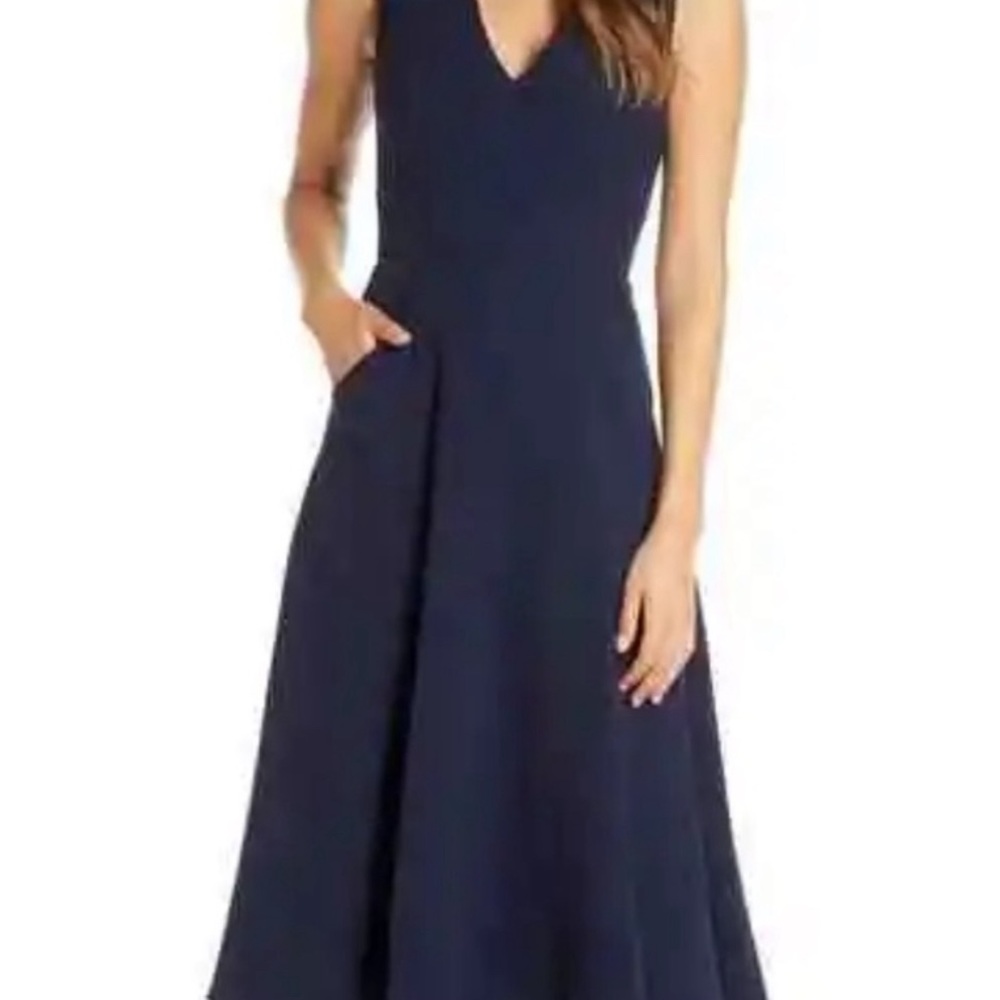 Eliza J navy blue, high low, fit and flare, V-neck, with pockets